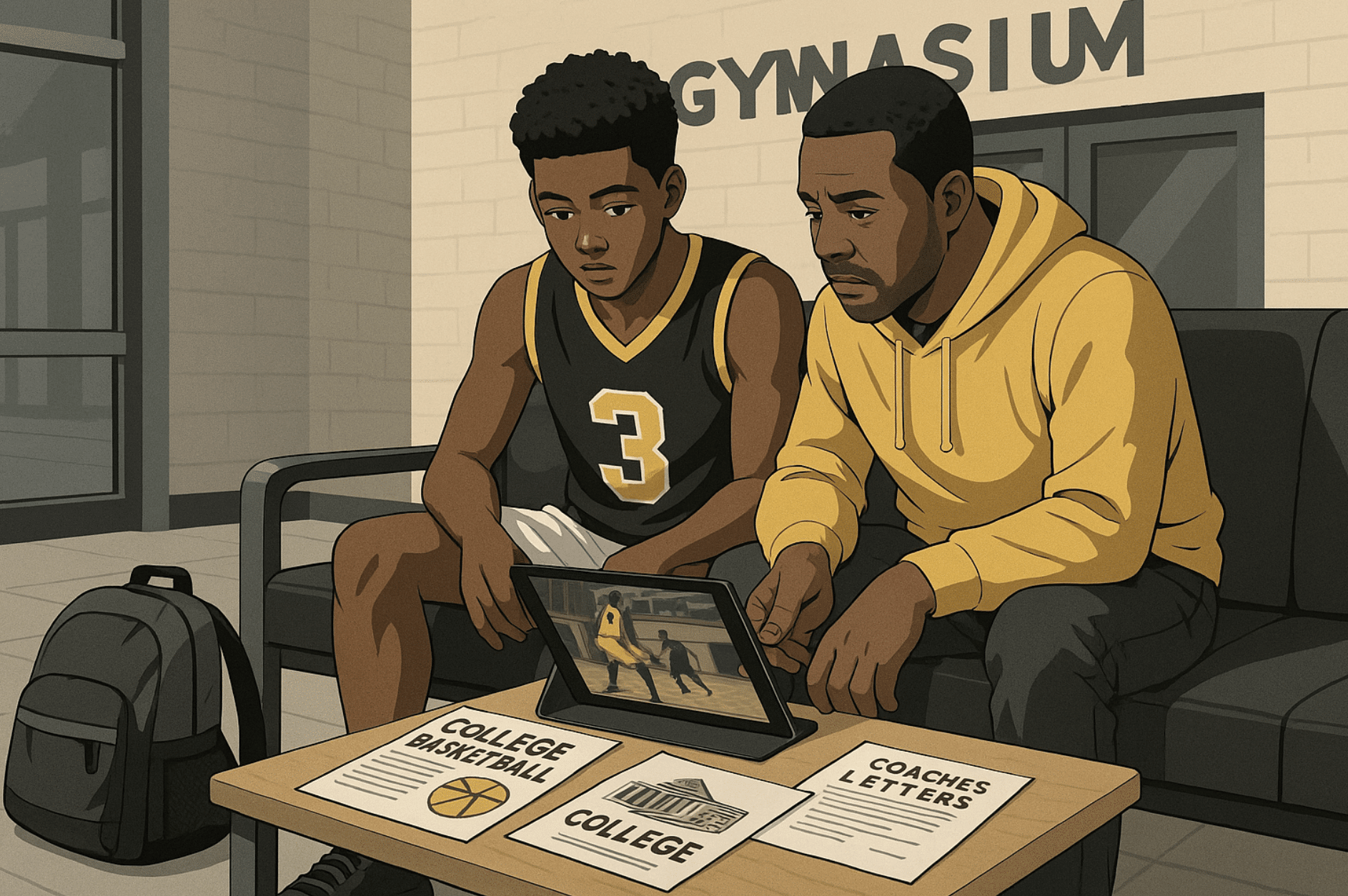 High school basketball player reviewing college recruiting materials with parent in a gym lobby